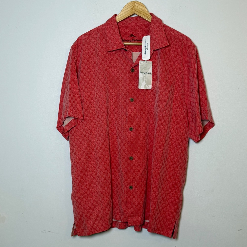 NWT Tommy Bahama Diamond Cove 100% Silk Camp Shirt Coral Red Men's Large